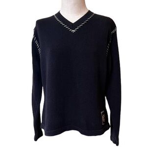 Harley Davidson Large Black Cozy Vneck Sweater Whipstitch 100% Cotton Oversized
